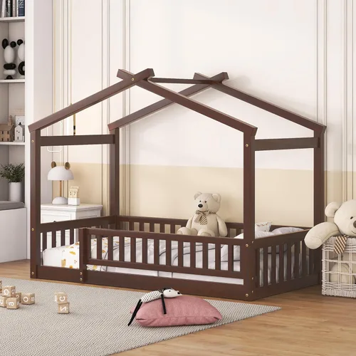 Miniatura 16 de MERITLINE Cama individual Montessori para niños, marco de cama individual Montessori con rieles y techo, no necesita somier, para niños, Gris