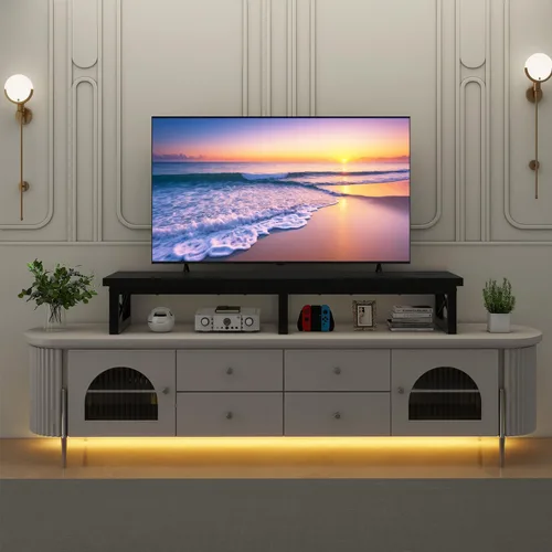 Miniatura 4 de IBUYKE Elevador de TV grande de 45" para TV de 32-60 pulgadas, Soporte de TV corto de sobremesa con almacenamiento y patas de acero, Escritorio