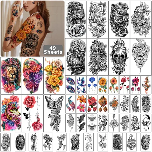 Yazhiji 49 hojas de tatuajes temporales impermeables de calavera de flores grandes para mujeres y niñas, tatuaje falso temporal realista para niños