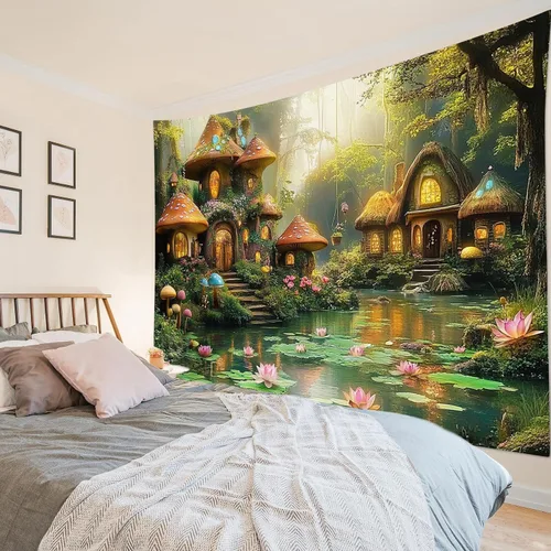 Miniatura 21 de HVEST Tapiz de bosque de cuento de hadas para colgar en la pared, estanque de lirios de agua, árboles mágicos, casas en el país de los sueños, tapiz