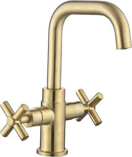 Moderno grifo de lavabo de baño dorado cepillado, 4 pulgadas de un solo agujero o centro de 3 agujeros, mango cruzado de 2 asas, boquilla giratoria