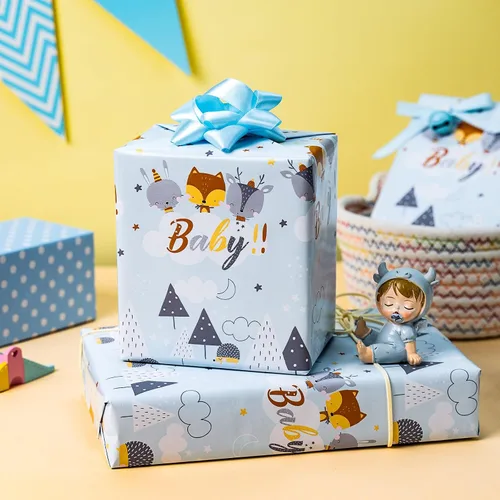 Miniatura 6 de Homeral Rollo de papel para envolver regalos azul para baby shower - Rollo mini - 17 pulgadas x 16.5 pies - Juego reversible de papel de regalo