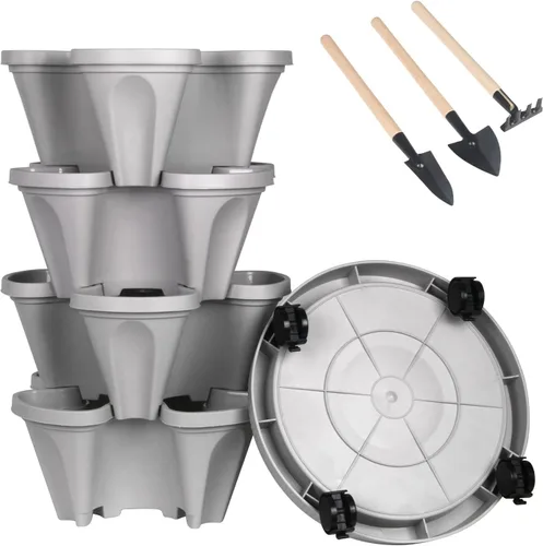 Miniatura 40 de Macetas apilables de polipropileno DUNCHATY, de 5 niveles, verde pino, para interior/exterior, 29" de altura x 13.6" de diámetro 2-1 Paquete
