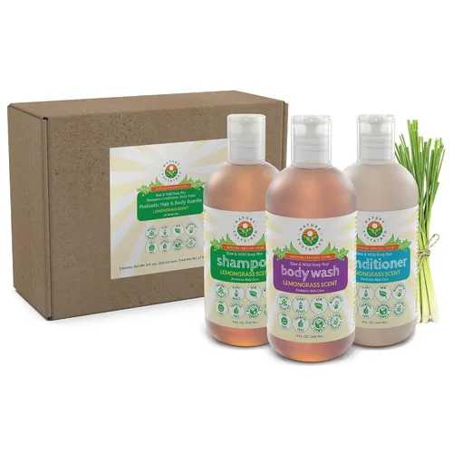 Miniatura 7 de Champú probiótico de bayas jabonosas, gel de baño y acondicionador [Lemongrass] (paquete de regalo de 3 unidades) para piel y cabello sensibles