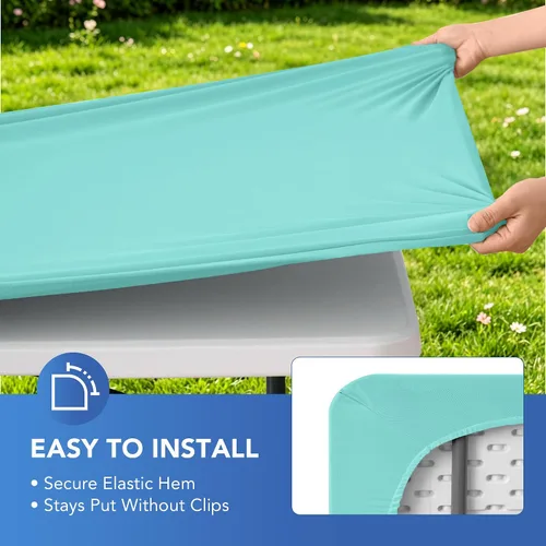 Miniatura 4 de Mantel de elastano para mesas rectangulares de 6 pies, paquete de 4 unidades, color azul aguamarina, para picnic al aire libre, manteles elásticos