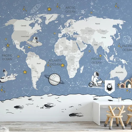 Miniatura 11 de Papel tapiz para habitación de niños, espacio de astronauta, mural de mapa gigante del mundo con países, papel tapiz para guardería, despegar