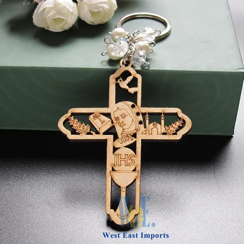 Miniatura 6 de 12 piezas de llavero de madera para la primera comunión para niños y niñas, Virgen María Recuerdos para Primera Comunión con bolsas de regalo, Marrón