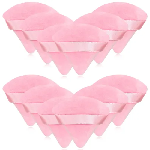 12 bolsas de polvo cosmético rosa, 2.76 pulgadas, portátil, suave, esponja, para la cara, soplo de terciopelo triangular con asa de cinta para polvo