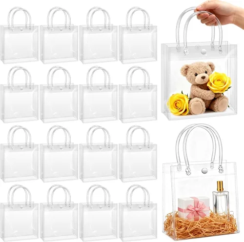 Miniatura 22 de BadenBach 16 bolsas de regalo transparentes con asas, 9.8 x 9.8 x 3.5 pulgadas, bolsa de plástico transparente para fiesta, bolsa de regalo