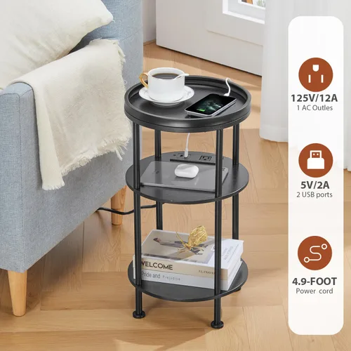 Miniatura 8 de Mesa auxiliar redonda pequeña con estación de carga para espacios pequeños, mesa decorativa de 3 niveles con puertos USB y tomas de corriente, mesa