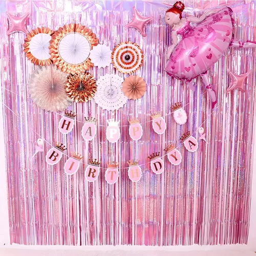Miniatura 8 de BRAVESHINE 1 Morado 1 Rosa Telón de Fondo de Fiesta de Serpentinas - 3.2 pies x 8.2 pies Cortinas de Flecos de Oropel Metálico para 1 cortina