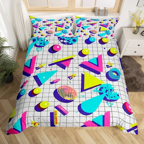 Miniatura 9 de Juego de funda de edredón retro de los años 80 y 90 para hombres y niños, tamaño matrimonial, con formas geométricas redondas triangulares, funda