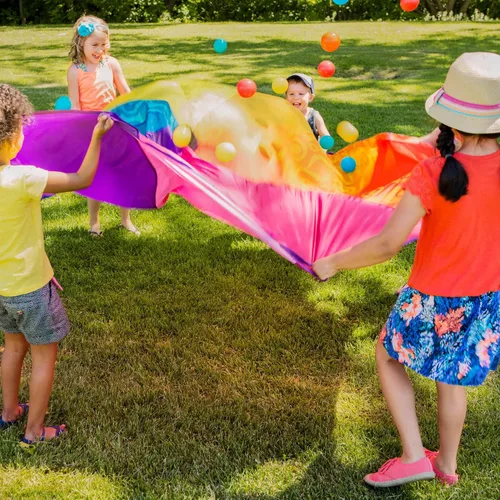 Miniatura 9 de B. toys Woo - Paracaídas Hue! - Deportes al aire libre - Juega paracaídas con 15 bolas coloridas - 12 asas - Tienda de viento de 8 pies - Juegos al