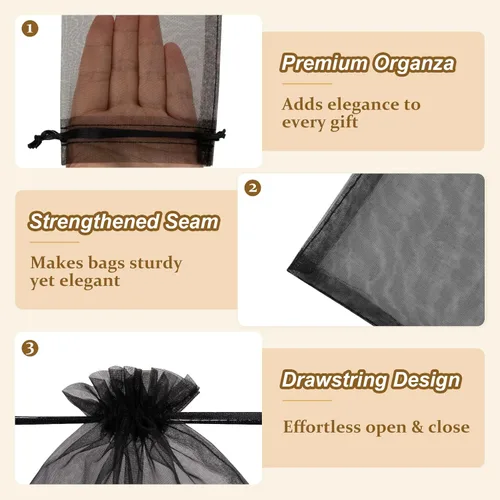 Miniatura 6 de Crweety 50 bolsas de organza negra de 3 x 4 pulgadas, pequeñas bolsas de regalo de malla con cordón para embalaje de pulseras de joyería, bolsa