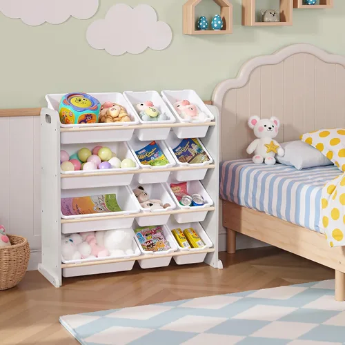 Miniatura 8 de VECELO Organizador de almacenamiento de juguetes para niños pequeños, 12 compartimientos, estante de madera para sala de juegos para niños, libros