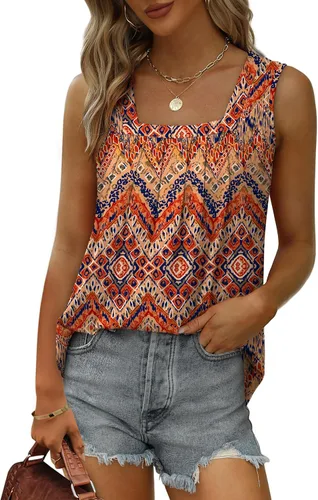 Miniatura 57 de Saloogoe - Camisetas sin mangas veraniegas para mujeres, plisadas con cuello cuadrado y dobladillo curvado, blusas de ajuste holgado con movimiento