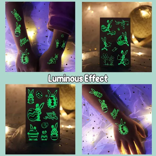 Miniatura 2 de Partywind 132 piezas (12 hojas) tatuajes temporales luminosos de Pascua para rellenar cestas de niños, decoraciones de Pascua brillantes