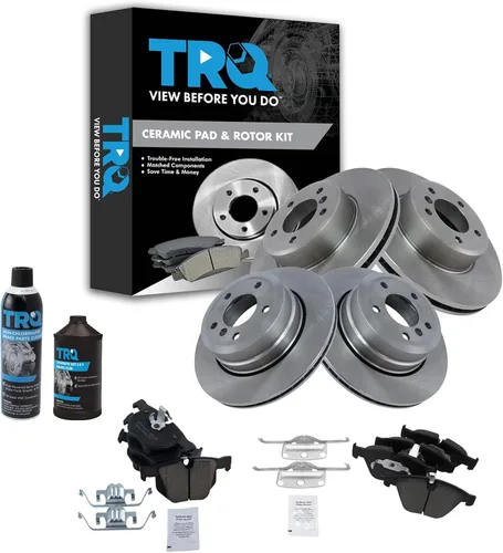 TRQ Kit de pastillas de freno delanteras y traseras y rotor, kit químico de freno, pastillas de freno de cerámica compatible con BMW 525xi 2007 2010