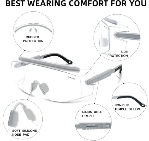 Miniatura 4 de UKNOW Anteojos de seguridad sobre lentes, gafas de seguridad antivaho protección ocular envolvente, gafas protectoras ANSI Z87.1 Gris