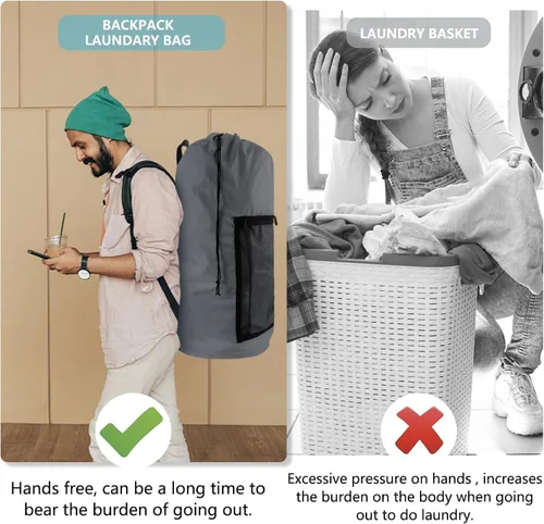 Miniatura 6 de Bolsa de lavandería con correas para el hombro y bolsillo de malla, mochila de lavandería grande portátil para lavandería universitaria, apartamento