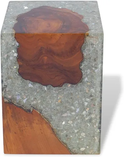 Miniatura 9 de Taburete de madera maciza de teca y resina, taburete de tocón de árbol con borde vivo, mesa auxiliar de borde natural, soporte para plantas, mesita