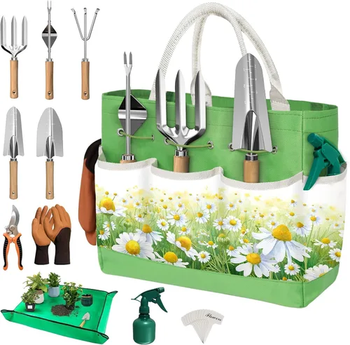 Juego de 22 piezas de herramientas de jardín para mujeres, kit de herramientas manual resistente con bolsa grande/alfombrilla de Verde