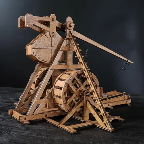 Miniatura 7 de Mini contrapeso Trebuchet con ruedas Europa Medieval Siege Carro Catapulta Armas DIY 3D Rompecabezas de madera Kits de modelos mecánicos Proyectos