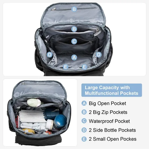 Miniatura 7 de LOVEVOOK Mochila para Pañales de Gran Capacidad con Cambiador Portátil, Mochila de Viaje Multifunción para Bebé Negro-1