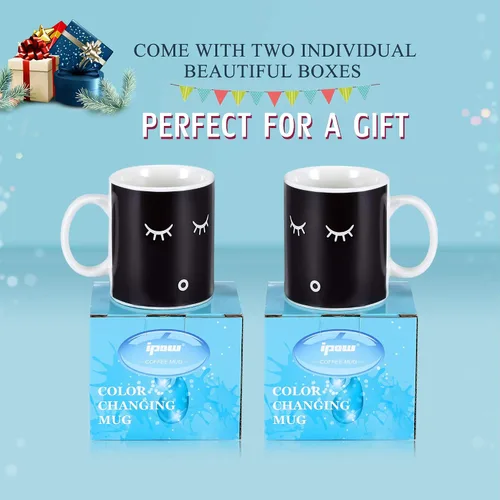 Miniatura 5 de IPOW Taza que cambia de color, paquete de 2 tazas mágicas que cambian de calor para café matutino, té, leche, tazas de café de cerámica, taza