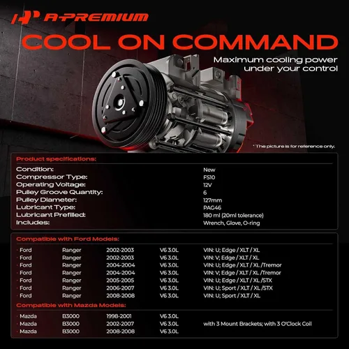 Miniatura 2 de A-Premium Compresor de aire acondicionado con embrague compatible con Ford Ranger 3.0L 2002-2008, Mazda B3000 3.0L 2002-2008