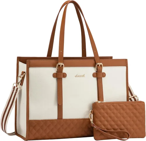 LOVEVOOK Bolsa para Laptop para Mujeres de 15.6 pulgadas Bolsa Tote de Lona para Laptop, Bolsa de Trabajo de Gran Capacidad con Cartera de Mano,