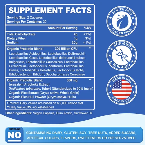Miniatura 2 de Probiótico 300 mil millones de UFC – 12 cepas con prebióticos orgánicos para la salud digestiva e intestinal, inmune, hinchazón – Probióticos