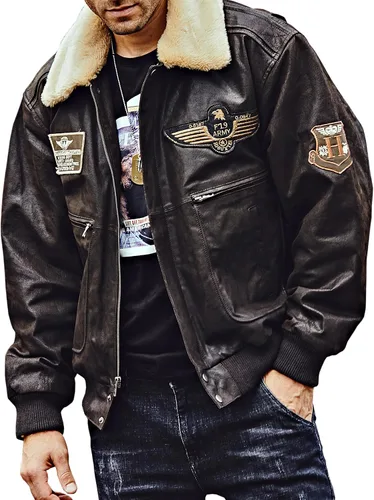 Miniatura 8 de FLAVOR Chaqueta bomber de cuero real para hombre con cuello de piel extraíble Aviator