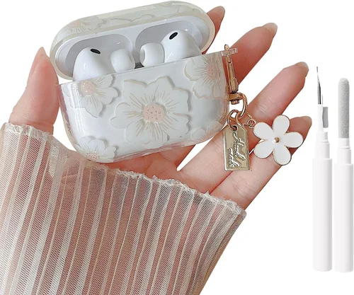 Miniatura 13 de MINSCOSE Funda transparente compatible con AirPods 1/2, bonito diseño de patrón de flores de dibujos animados con llavero floral, funda protectora