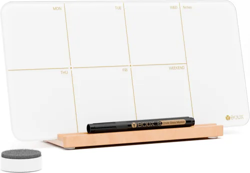 Yeoux - Planificador semanal de cristal de escritorio con soporte de madera desmontable, pequeño calendario portátil de borrado en seco para lista