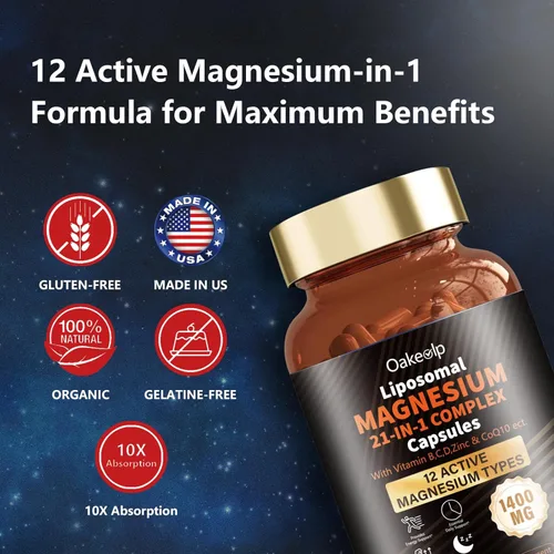 Miniatura 7 de 2 Paquetes de Cápsulas de Complejo de Magnesio Liposomal con 12 Tipos Activos 1400mg (Glicinato, Citrato, Malato, etc.) - con Vitamina D3, B6, B12