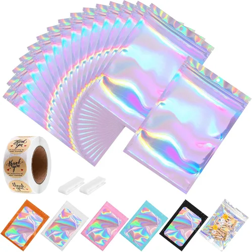 Paquete de 150 bolsas holográficas de Mylar de 5 x 8 pulgadas con ventana transparente, pequeñas bolsas de papel de aluminio resellables para