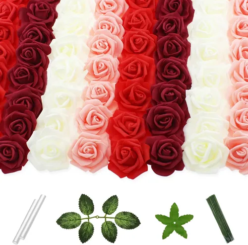 Miniatura 25 de 100 flores artificiales de 2 pulgadas, cabeza de rosa falsa de espuma a granel para decoración del hogar, decoración de boda, despedida de soltera
