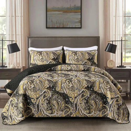 Miniatura 30 de DJY Juego de colcha de tamaño King con patrón de cachemira negro bohemio, juego de cubrecama de 3 piezas, ropa de cama suave y ligera