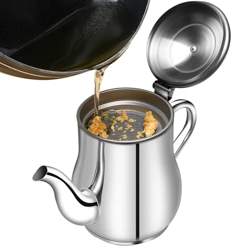 Miniatura 6 de Yardwe Olla de filtro de aceite de acero inoxidable con filtro de malla fina y tapa, contenedor de grasa de 18 onzas para almacenamiento y colado