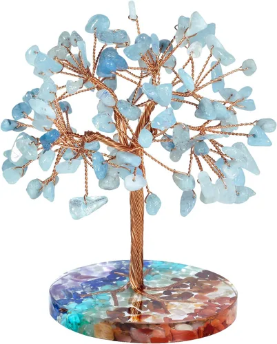 rockcloud Árbol de dinero de alambre de cobre de cristal aguamarina con base redonda de resina colorida, árbol de piedra bonsái hecho a mano para