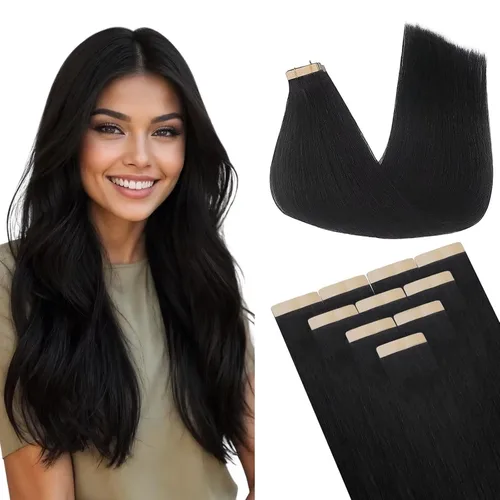 DOORES Extensiones de cabello humano con cinta adhesiva, color negro azabache, 10 pulgadas, 0.71 onzas, 10 unidades, extensiones de cabello humano