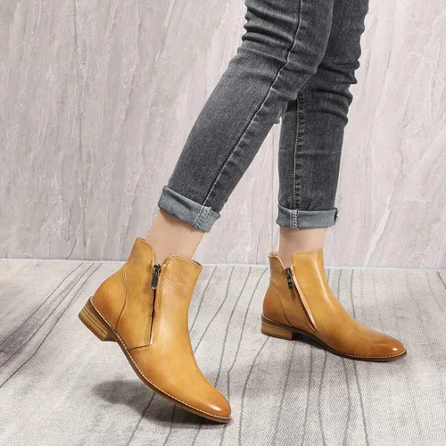 Miniatura 5 de Mona flying Botines de cuero para mujer, botas de tobillo con cremallera lateral, tacón bajo, botas cortas para mujer