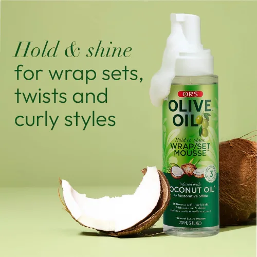 Miniatura 7 de ORS Set de envoltura de aceite de oliva Hold & Shine Mousse infundida con aceite de coco para un brillo reparador, 7 onzas