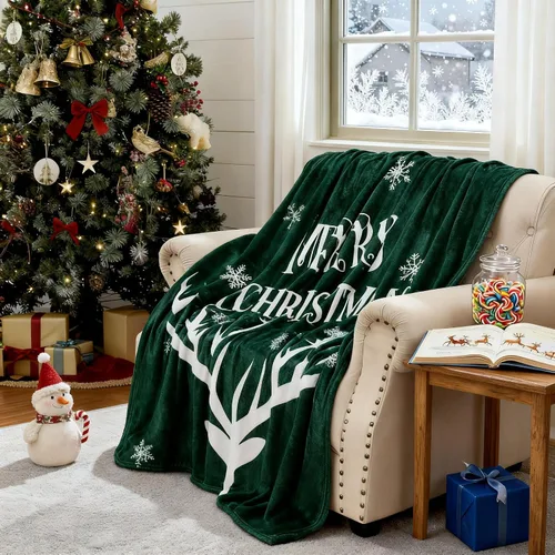 Miniatura 2 de Exclusivo Mezcla Manta de Navidad para sofá, manta suave y acogedora para invierno, manta decorativa con patrón de reno verde, 50 x 60 pulgadas