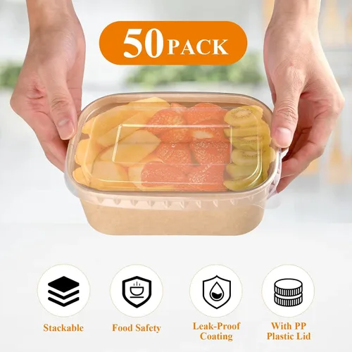 Miniatura 2 de 50 cuencos desechables de papel kraft con tapas, cuencos de papel de 25 onzas a prueba de fugas, suministros desechables para fiestas para servir