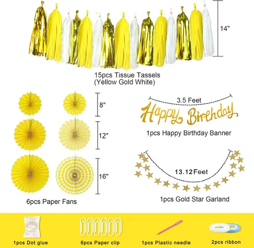 Miniatura 5 de Decoraciones de cumpleaños amarillas para mujer, 33 piezas, decoración de fiesta amarilla para niña con pancarta y abanicos de papel colgantes