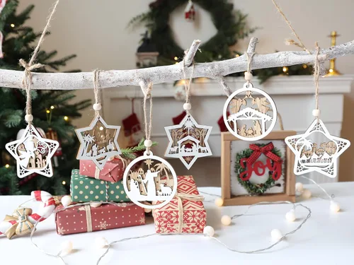 Miniatura 5 de Juego de 18 piezas de adornos de belén para árbol de Navidad, adorno de escena de natividad de madera, regalo religioso para decoración navideña