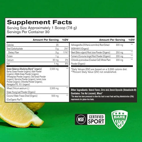 Miniatura 2 de BARE PERFORMANCE NUTRITION, BPN Strong Greens Superalimento en Polvo, Limón, 30 Porciones