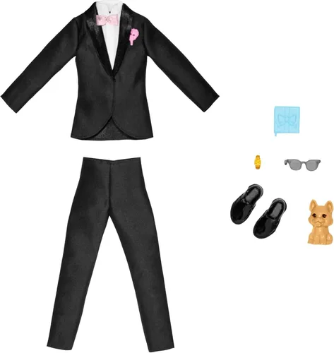Barbie Ken Fashion Pack, conjunto nupcial con traje de novio para muñeca Ken, incluye esmoquin y zapatos, cachorro y 3 accesorios
